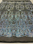 4 Way Stretch Fabric Design - Aqua on Black Mesh - Fancy Net Sequins Design Fabric By Yard
