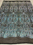 4 Way Stretch Fabric Design - Aqua on Black Mesh - Fancy Net Sequins Design Fabric By Yard