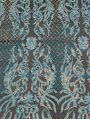4 Way Stretch Fabric Design - Aqua on Black Mesh - Fancy Net Sequins Design Fabric By Yard