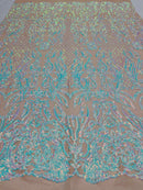 Iridescent aqua Sequins Lace Fabric On Nude Spandex Mesh 4way Stretch Damask Design Embroidered With Sequin By Yard-Prom-Gown (Pick a Size)