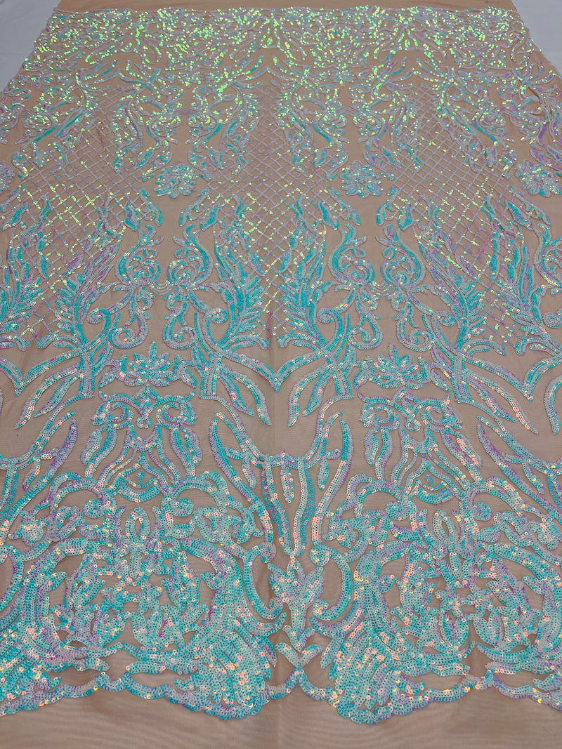 Iridescent aqua Sequins Lace Fabric On Nude Spandex Mesh 4way Stretch Damask Design Embroidered With Sequin By Yard-Prom-Gown (Pick a Size)