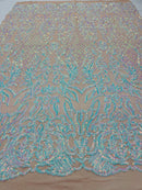 Iridescent aqua Sequins Lace Fabric On Nude Spandex Mesh 4way Stretch Damask Design Embroidered With Sequin By Yard-Prom-Gown (Pick a Size)
