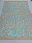 Iridescent aqua Sequins Lace Fabric On Nude Spandex Mesh 4way Stretch Damask Design Embroidered With Sequin By Yard-Prom-Gown (Pick a Size)