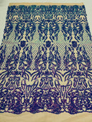 4 Way Stretch Fabric Design - Iridescent Lavender on Nude - Fancy Net Sequins Design Fabric By Yard