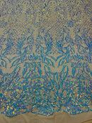 4 Way Stretch Fabric Design - Aqua on Nude - Fancy Net Sequins Design Fabric By Yard