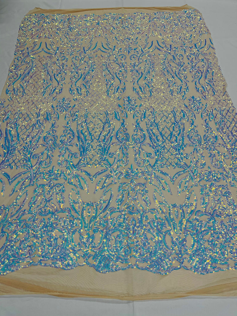 4 Way Stretch Fabric Design - Aqua on Nude - Fancy Net Sequins Design Fabric By Yard