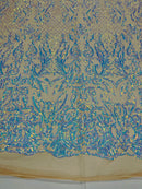 4 Way Stretch Fabric Design - Aqua on Nude - Fancy Net Sequins Design Fabric By Yard