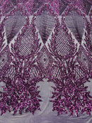 Plum Sequins Lace Fabric On a Spandex Mesh 4way Stretch Geometric Design Embroidered With Sequin By Yard-Prom-Gown (Pick a Size)