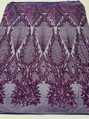 Plum Sequins Lace Fabric On a Spandex Mesh 4way Stretch Geometric Design Embroidered With Sequin By Yard-Prom-Gown (Pick a Size)