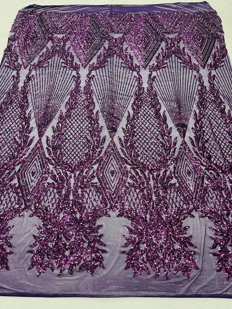 Plum Sequins Lace Fabric On a Spandex Mesh 4way Stretch Geometric Design Embroidered With Sequin By Yard-Prom-Gown (Pick a Size)