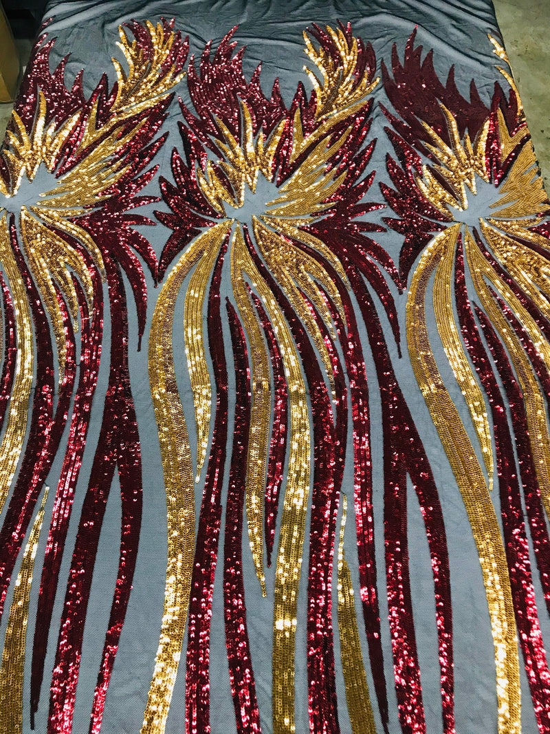 Angel Wings Sequins Fabric - Burgundy / Gold on Black - 4 Way Stretch Feather Wings Sequins Design By Yard