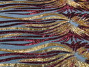 Angel Wings Sequins Fabric - Burgundy / Gold on Black - 4 Way Stretch Feather Wings Sequins Design By Yard