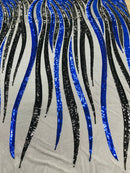 Angel Wings Sequins Fabric - Royal Blue / Black - 4 Way Stretch Feather Wings Sequins Design By Yard