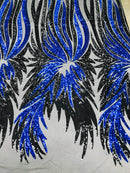 Angel Wings Sequins Fabric - Royal Blue / Black - 4 Way Stretch Feather Wings Sequins Design By Yard