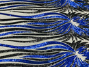 Angel Wings Sequins Fabric - Royal Blue / Black - 4 Way Stretch Feather Wings Sequins Design By Yard