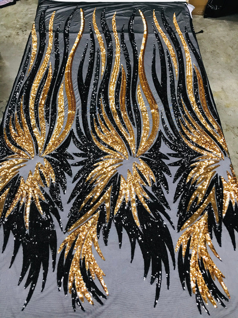 Angel Wings Sequins Fabric - Black / Gold - 4 Way Stretch Feather Wings Sequins Design By Yard