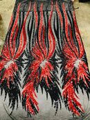 Angel Wings Sequins Fabric - Red / Black - 4 Way Stretch Feather Wings Sequins Design By Yard