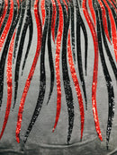 Angel Wings Sequins Fabric - Red / Black - 4 Way Stretch Feather Wings Sequins Design By Yard