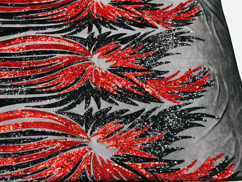 Angel Wings Sequins Fabric - Red / Black - 4 Way Stretch Feather Wings Sequins Design By Yard