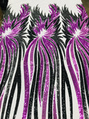 Angel Wings Sequins Fabric - Black / Purple - 4 Way Stretch Feather Wings Sequins Design By Yard