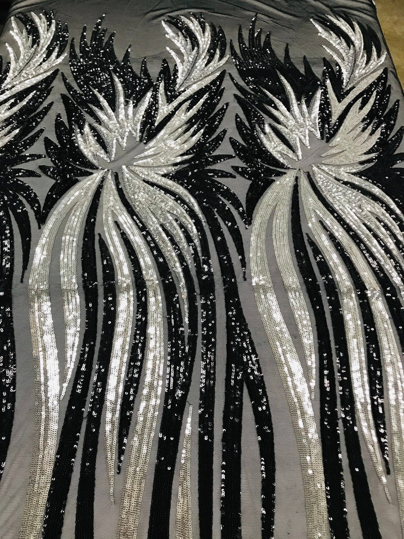 Angel Wings Sequins Fabric - Black / Silver - 4 Way Stretch Feather Wings Sequins Design By Yard