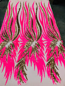 Angel Wings Sequins Fabric - Hot Pink / Gold - 4 Way Stretch Feather Wings Sequins Design By Yard