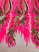 Angel Wings Sequins Fabric - Hot Pink / Gold - 4 Way Stretch Feather Wings Sequins Design By Yard