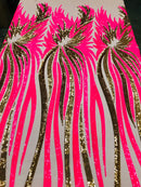 Angel Wings Sequins Fabric - Hot Pink / Gold - 4 Way Stretch Feather Wings Sequins Design By Yard