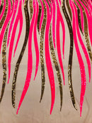 Angel Wings Sequins Fabric - Hot Pink / Gold - 4 Way Stretch Feather Wings Sequins Design By Yard