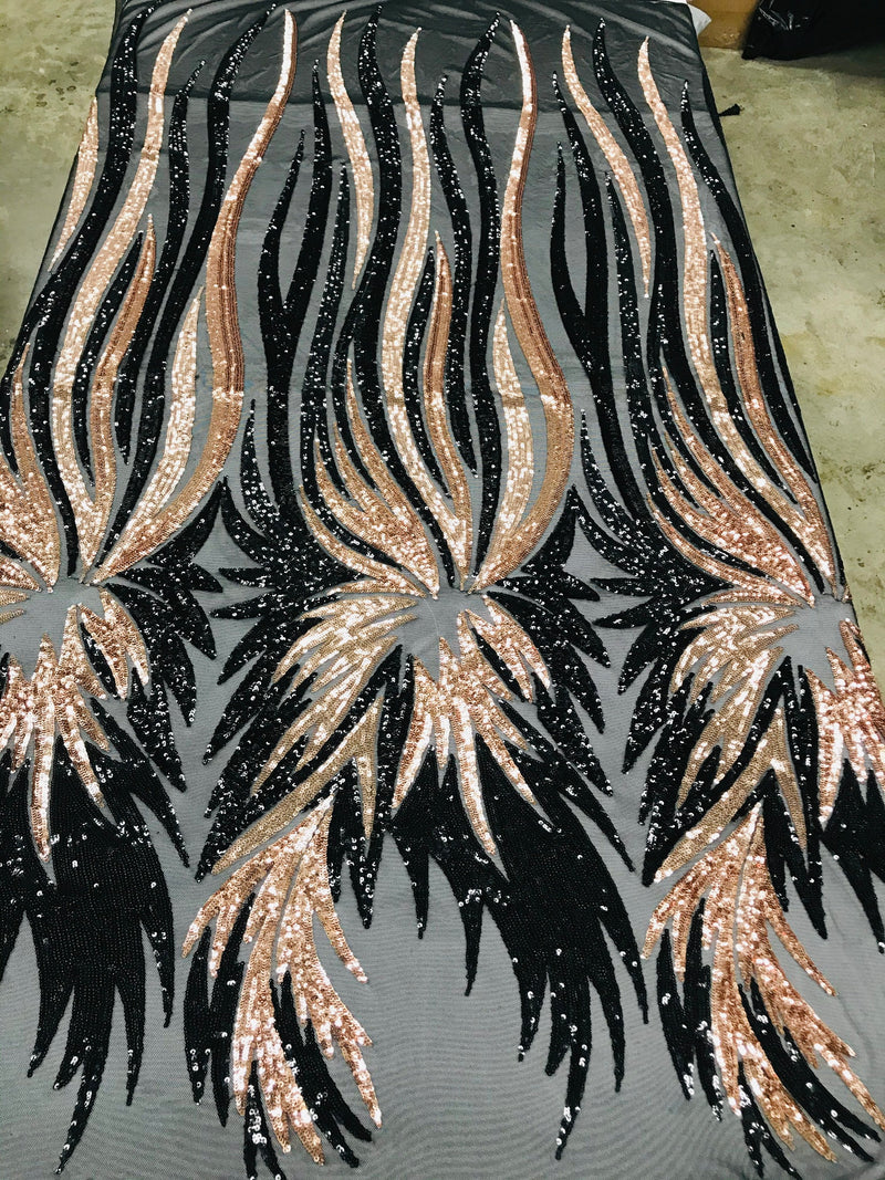 Angel Wings Sequins Fabric - Black / Rose Gold - 4 Way Stretch Feather Wings Sequins Design By Yard