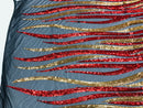 Angel Wings Sequins Fabric - Red / Gold on Black - 4 Way Stretch Feather Wings Sequins Design By Yard