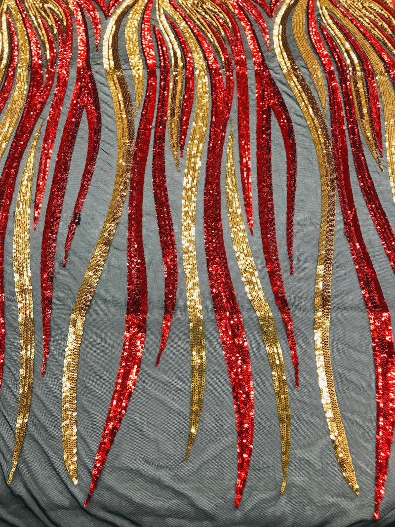 Angel Wings Sequins Fabric - Red / Gold on Black - 4 Way Stretch Feather Wings Sequins Design By Yard