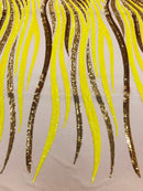 Angel Wings Sequins Fabric - Yellow / Gold  - 4 Way Stretch Feather Wings Sequins Design By Yard
