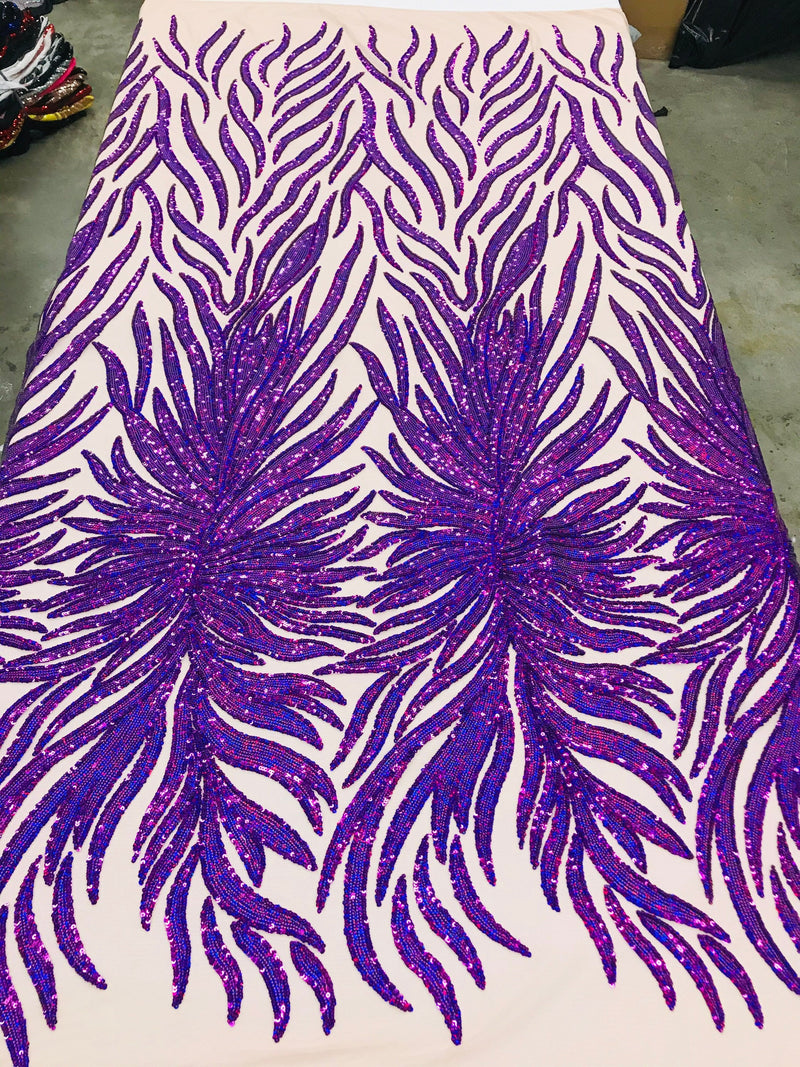 Feather Wings Sequins - Hologram Purple - 4 Way Stretch Embroidered Wings Sequin By Yard
