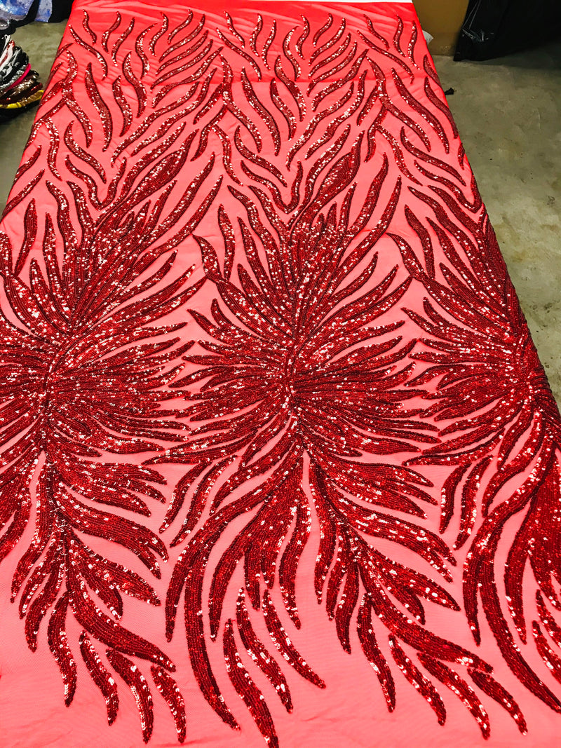 Feather Wings Sequins - Hologram Red - 4 Way Stretch Embroidered Wings Sequin By Yard