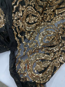 Sequin Gold Lace Fabric, DAMASK Design Embroidered on Black Mesh 4 way Stretch Sequin By The Yard -Prom-Gown ( Choose The Size )