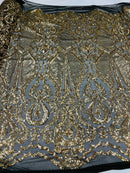 Sequin Gold Lace Fabric, DAMASK Design Embroidered on Black Mesh 4 way Stretch Sequin By The Yard -Prom-Gown ( Choose The Size )