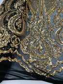 Sequin Gold Lace Fabric, DAMASK Design Embroidered on Black Mesh 4 way Stretch Sequin By The Yard -Prom-Gown ( Choose The Size )