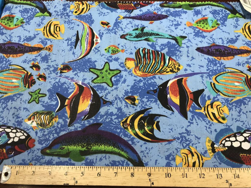 Mia's Fabrics Inc, Lt Blue Fish Tank Aquarium Printed Poly Cotton Fabric By The Yard - 60" (Pick a Size)