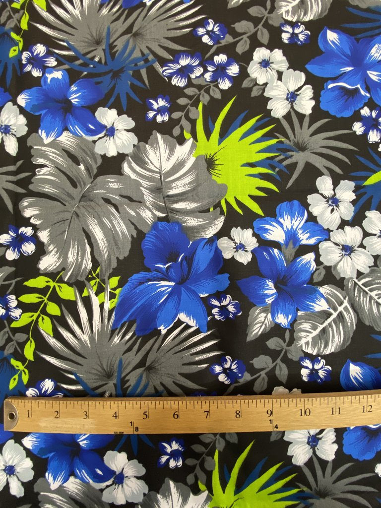 Mia's Fabrics Inc, Royal Blue/Black Hawaiian Print Tropical Poly Cotton Fabric Floral 60" By Yard (Pick a Size)