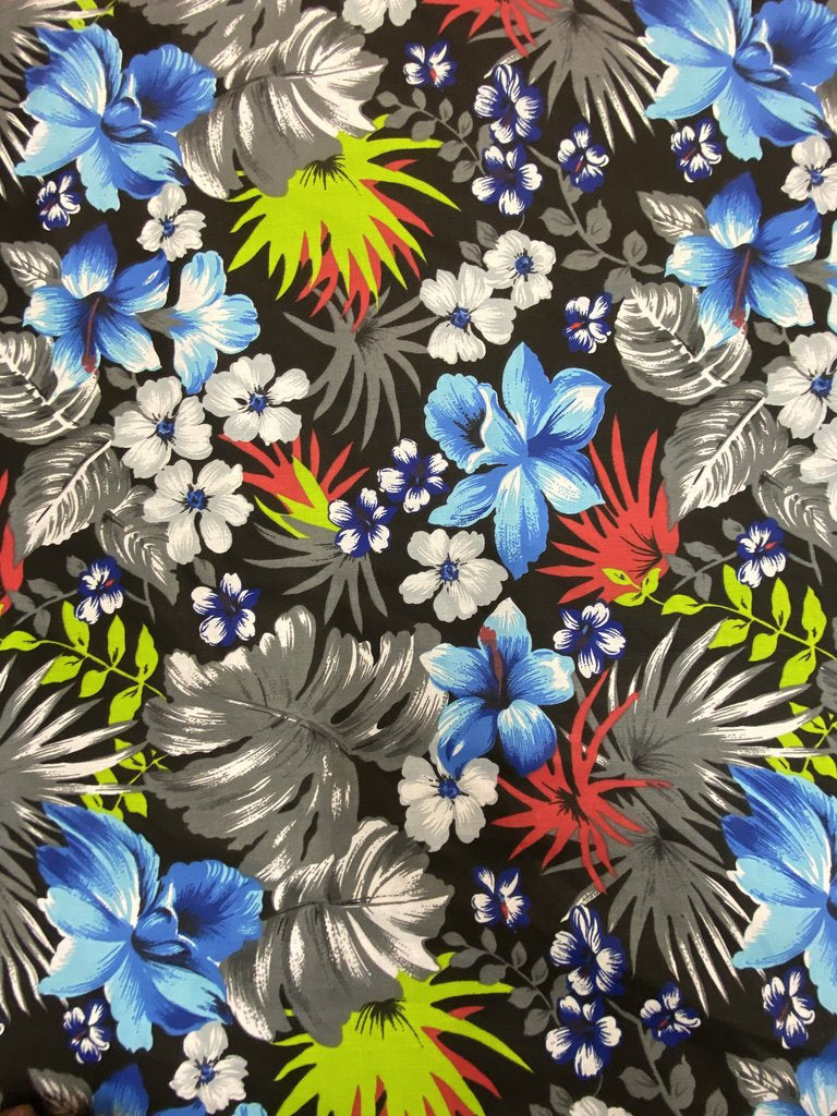 Mia's Fabrics Inc, Gray/Black Hawaiian Print Tropical Poly Cotton Fabr