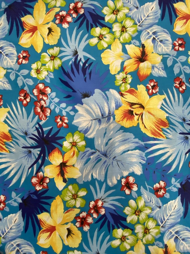 Mia's Fabrics Inc, Aqua Hawaiian Print Tropical Poly Cotton Fabric Flo