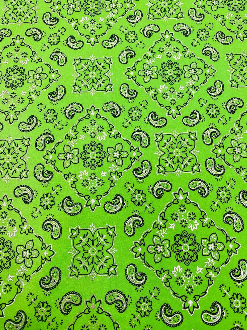 Mia's Fabrics Inc, Lime Green Bandana Print Fabrics - Lycra Spandex Fabric Sold By The Yard (Pick a Size)