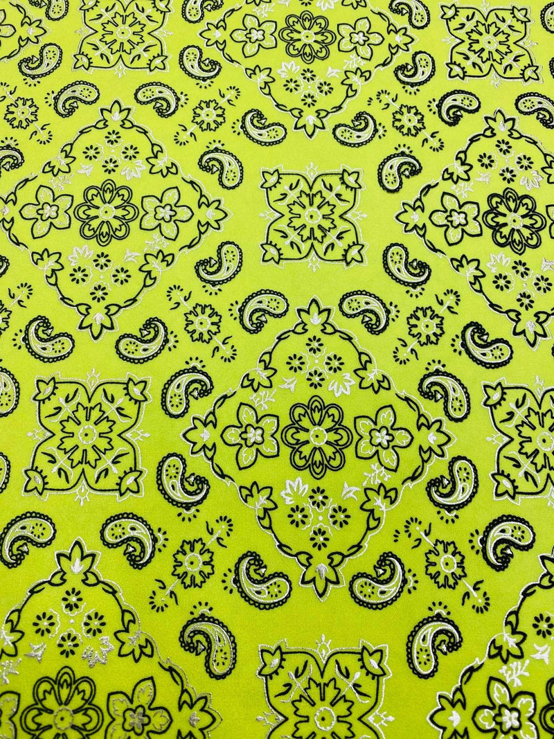 Mia's Fabrics Inc, Neon Yellow Bandana Print Fabrics - Lycra Spandex Fabric Sold By The Yard (Pick a Size)