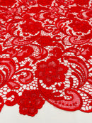 Red Guipure Lace Fabric Floral Bridal Lace Guipure Wedding Dress by the Yard (Pick a Size)