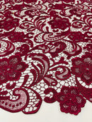Burgundy Guipure Lace Fabric Floral Bridal Lace Guipure Wedding Dress by the Yard (Pick a Size)