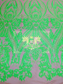 Mia's Fabrics Inc Iridescent Sequin Fabric, Embroidered With Sequins On 4 Way Stretch Mesh, Damask Design Sequin Lace Fabric (Pick a Size)