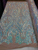 Mia's Fabrics Inc Iridescent Sequin Fabric, Embroidered With Sequins On 4 Way Stretch Mesh, Damask Design Sequin Lace Fabric (Pick a Size)