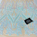 Mia's Fabrics Inc Iridescent Sequin Fabric, Embroidered With Sequins On 4 Way Stretch Mesh, Damask Design Sequin Lace Fabric (Pick a Size)