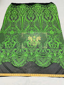 Neon Green Sequin on Black Mesh Embroidered With Sequins Fabric 4 Way Stretch Damask Design Sequin Fabric Mesh-Prom-Gown By The Yard